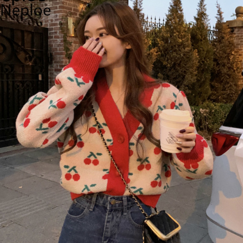 

neploe fashion cherry cardigan women clothes vinage knit cropped sweaters loose pull femme korean fashion sueter mujer, Black