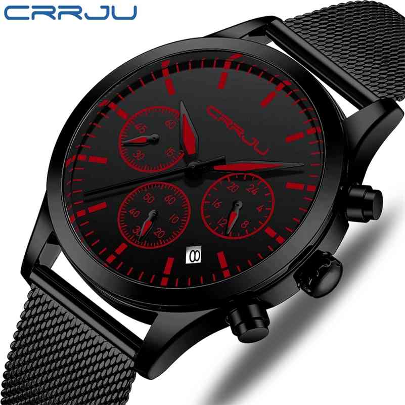 

Mens Watch CRRJU Luxury Sport Date Stainless Steel WristWatch Men's Military waterproof Dress Quartz watches relogio masculino 210517, Silver black
