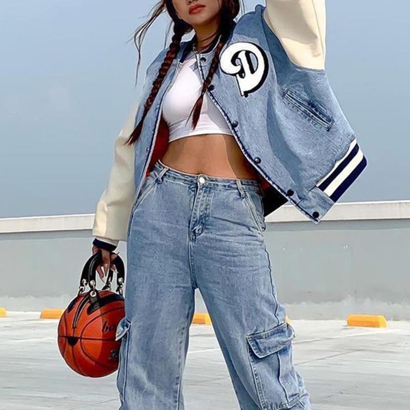 

Women's Jackets Denim Jacket Women Furry Patch Patchwork Color Baseball Long Sleeve Cropped Bomber Autumn Coats, Black;brown