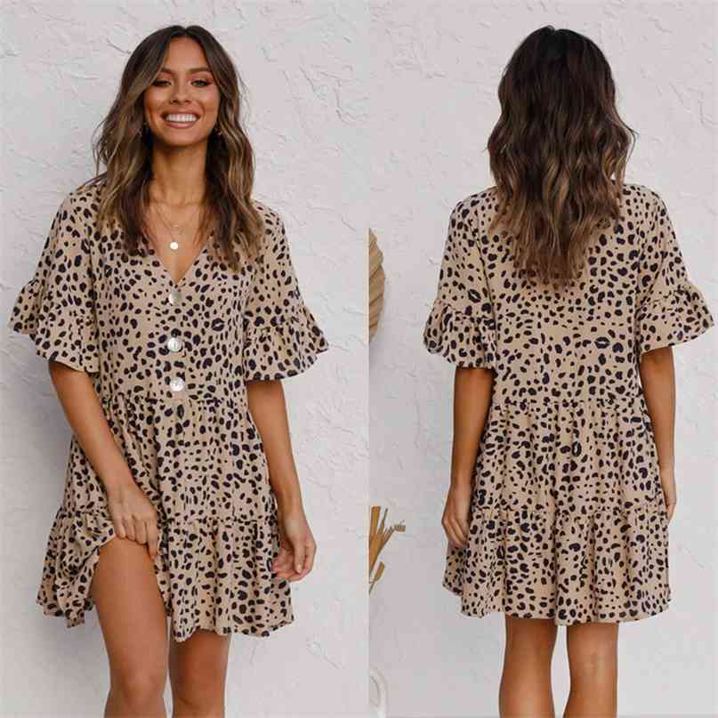 

Summer Women Dress Fashion Leopard Print Casual Elegant Ladies V Neck Butterfly Sleeve A Line Buttons Short 210603, Khaki