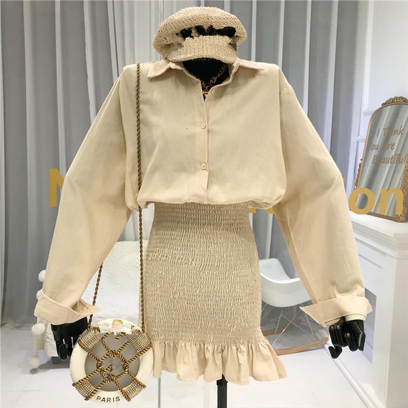 

high waist pleated buttock shirt women tracksuits skirt fall super fairy ruffle first love closing date dress, Gray