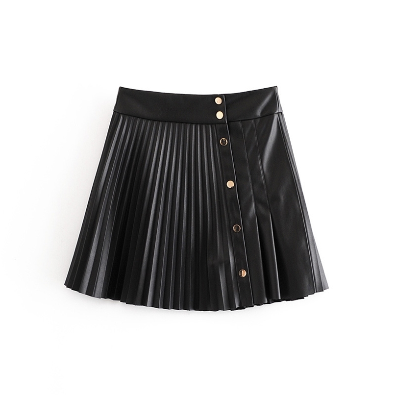 

Vintage Black PU Leather Skirts Women Fashion Buttons High Waisted Mini Skirt Elegant Pleated Female Ladies 210520