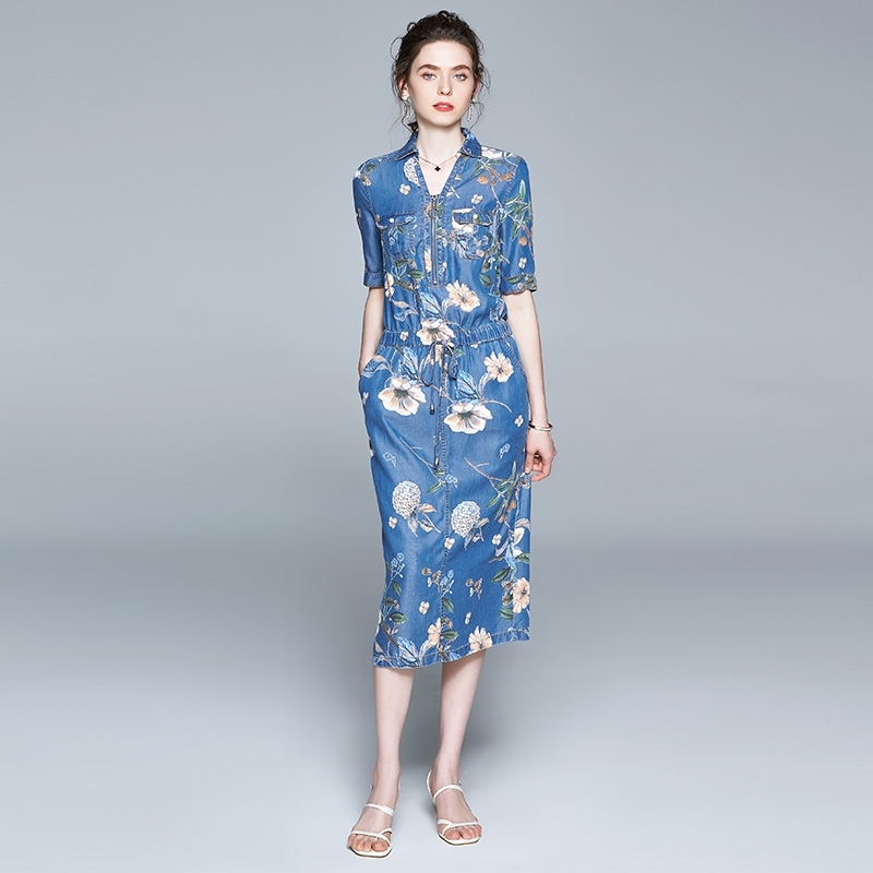 

Women Summer Elegant Floral Denim Dress High Quality Female zipper Vintage Designer Runway Dresses Vestidos 210520, Photo color