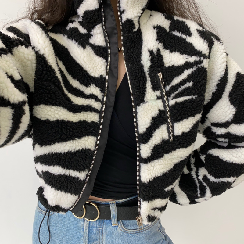 

Women's Down & Parkas Vintage Stand Collar Zebra Short Lamb Wool Jacket Winter Zipper Long Sleeve Plush Coat Fleece Warm Cropped S, Black