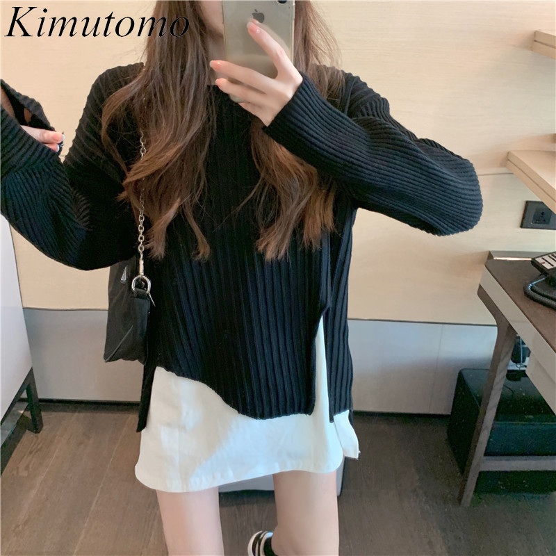 

Kimutomo Casual Irregular Sweater Women Spring Fake Two Piece Patchwork Ladies O-neck Long Sleeve Pullover Korean Chic 210521, Black