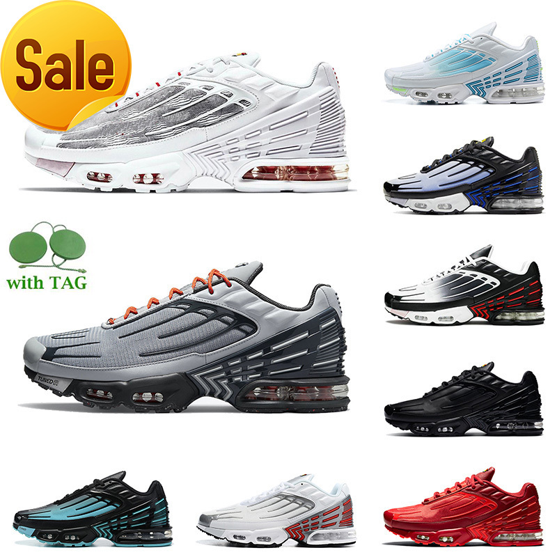 

Mens Tn 3 Plus Tuned Women Cushion Running Shoes TN3 Trainers Leather Triple Black Wolf Grey White Blue Hyper Aqua and Volt Obsidian, B45 parachute pack 36-46