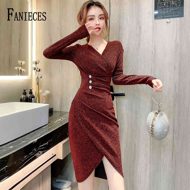 

Solid Red Black Elegant Party Dress Women Sexy V Neck Long Sleeve Slim Stretchy Pencil Mini Dresses Office Lady vestidos 210520