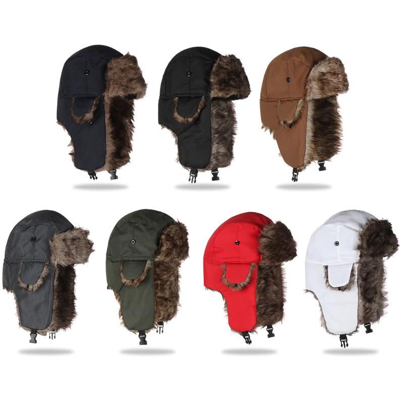 

Berets Bomber Hats Winter Men Warm Russian Ushanka Hat With Ear Flap Pu Leather Fur Trapper Cap Earflap Faux Snow Caps, Earmuffs