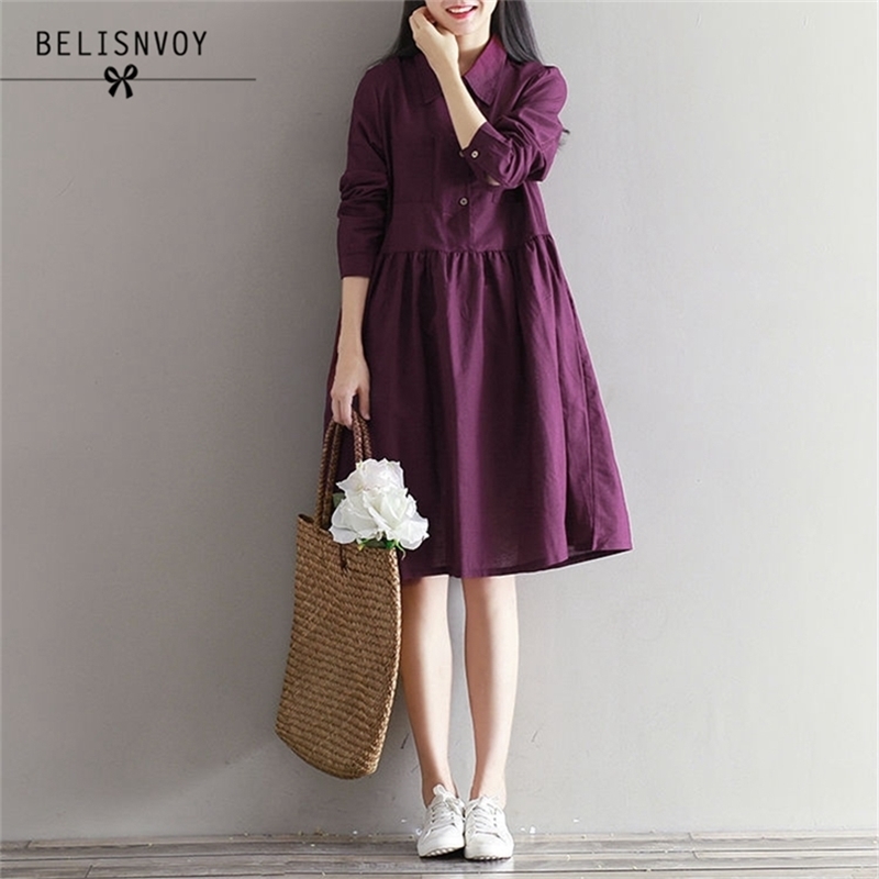 

Women Plus Size Autumn Dresses Fashion Casual Loose Solid Color Long Sleeves Vintage Cotton Linen A-line Dress Vestidos 210520, Purple