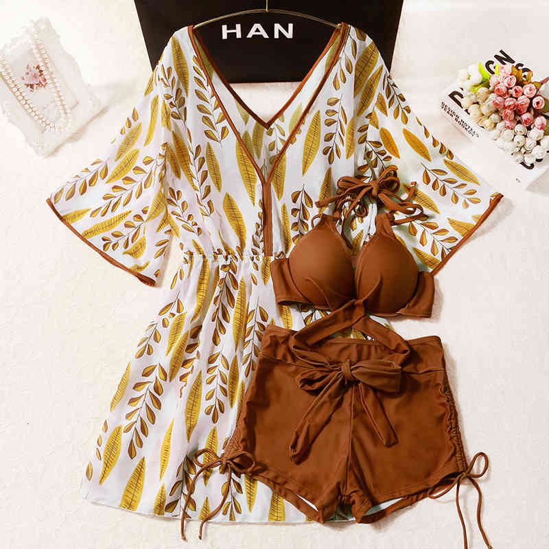 swimwear women&#039;s 3-piece cover up bikini body Korean Push Bikinis Vintage Sexy Halter SwimSuit Summer Set Swimwear-image-677577493