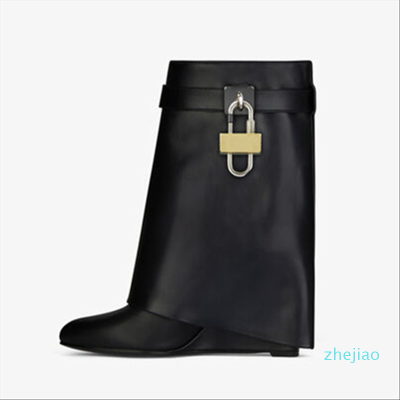 

designer Boots 2021 Lock Design Genuine Leather Women Wedge Height Increasing Fold Over High Boot Female Mid-Calf Riding, Black