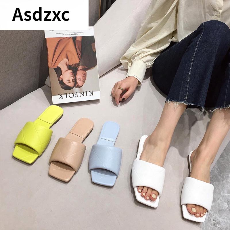 

Slippers 2021 Summer Women Slipper PU Diamond Square Head Peep Toe Flat Heel Slip On Slides Ladies Casual Sandal Flip Flop, Black