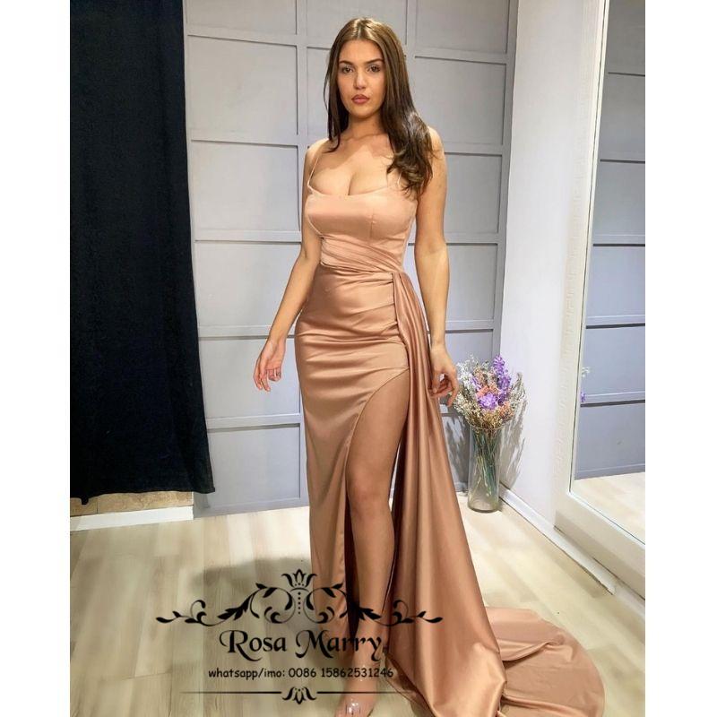 

Party Dresses Champagne Plus Size Mermaid Prom 2021 Vestidos De Fiesta Noche Largos Elegantes Peplum Simple Satin Celebrity Gowns, Khaki