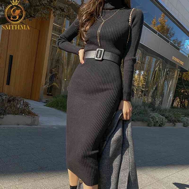

Autumn And Winter Turtleneck Long Sleeve Knitted Sweater Dresses Women Black Casual Slim Robe Vestido With Belt 210520, Photo color