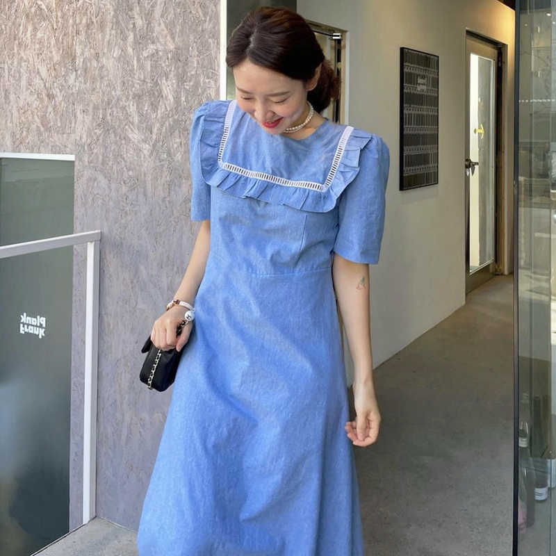 

Korejpaa Women Dress Summer Korean Chic Ladies Gentle Haze Blue Round Neck Stitching Hollow Wood Ear High Waist Vestidos 210526