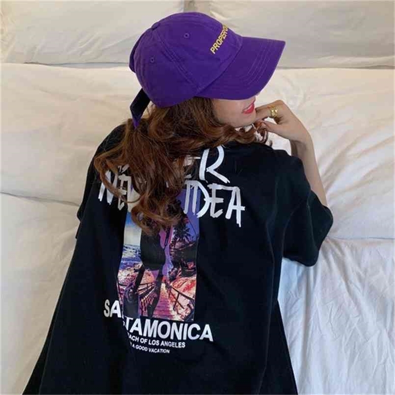 

Casual Character Printed Fashion Loose Oversize Korean Style Spring Short Sleeve Women Top T-shirts 210708, Purple