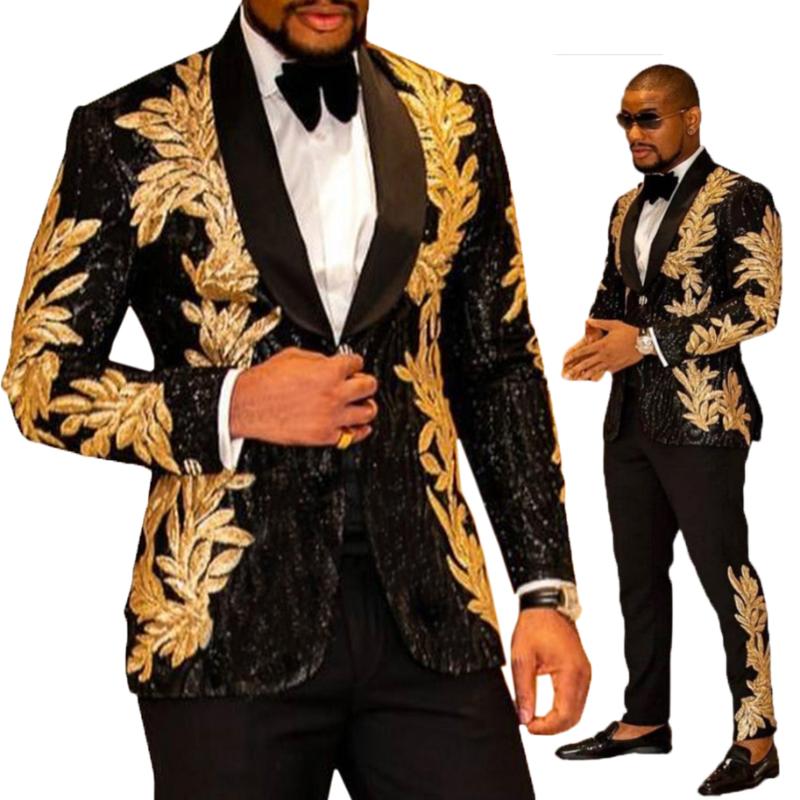 

Est Black With Gold Embroidery Men Suits Two Pieces Shawl Lapel Blazer Slim Fit Wedding Tuxedos Fashion Mens Jacket And Pants Men's & Blazer, Black-gold