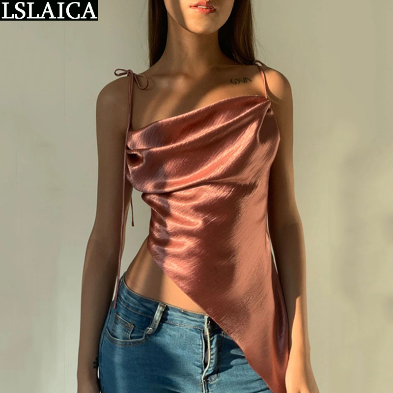 

Crop Top Women Sexy Spaghetti Strap Sleeveless Solid Tank Satin Irregular Summer Female Blouse Fashion Clubwear Mujer 210520, Fuchsia