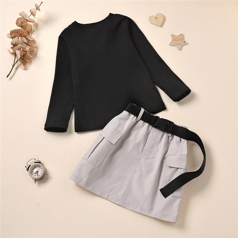 

Clothing Sets Spring Fall 2Pcs Outfits Set 1-6 Y Kid Children Girl Clothes Long Sleeves Black Solid Color Top Buckle Belt Pocket Short Skirt