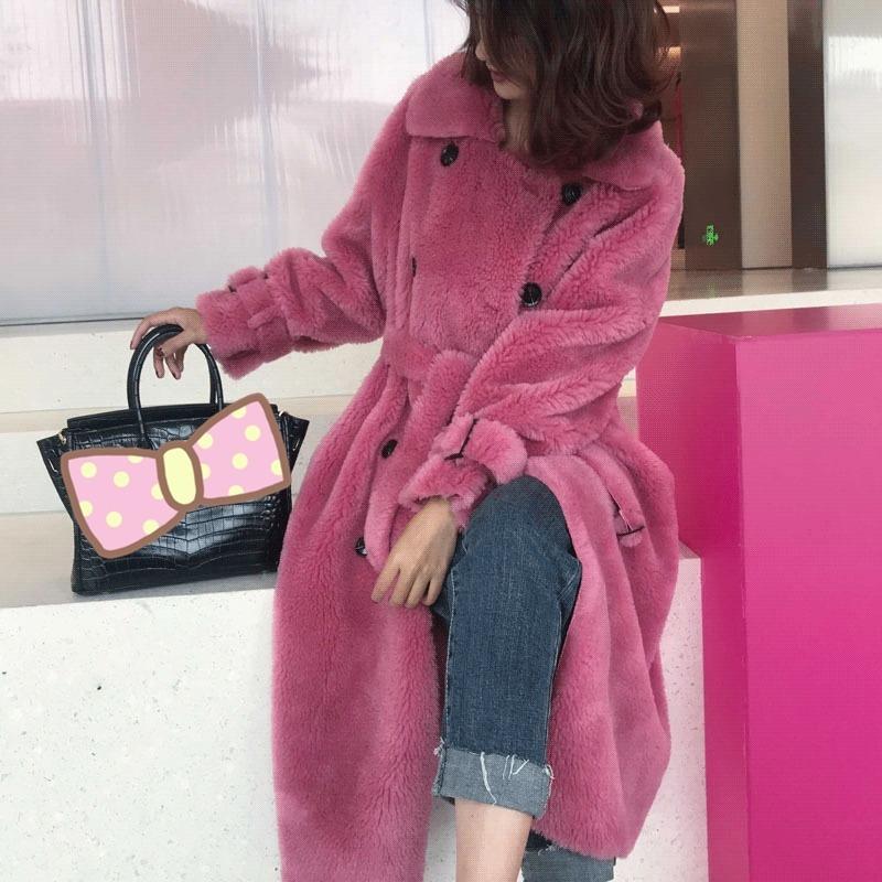 

Women's Fur & Faux Winter Grainy Shearing Coat Ladies Wool Elegant Double-breasted Long Fashion Warmth Casual Lambskin, Black