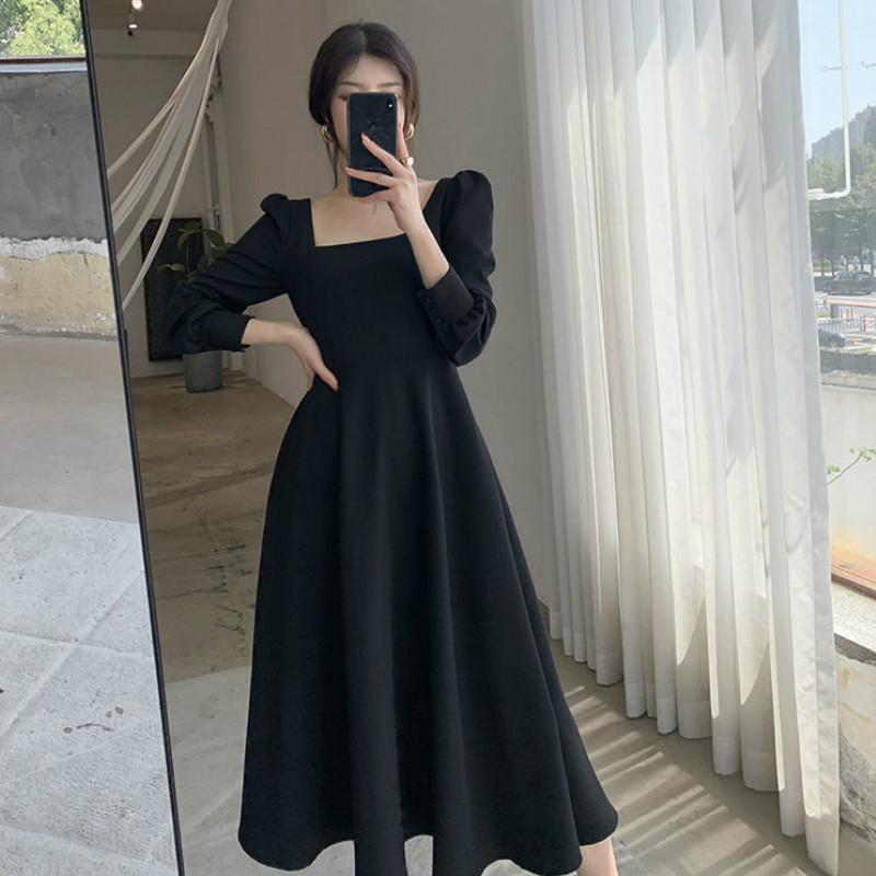 

2021dress women elegant long sleeve ladies new clothing pure vintage midi square collar black chic oversize french style retro 2021, Black;gray