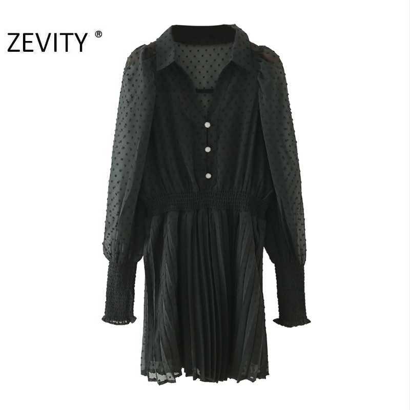 

ZEVITY women fashion v neck dots stitching black chiffon pleated dress femme long sleeve vestido chic casual slim dresses DS4487 210603, As pic ds4487xz