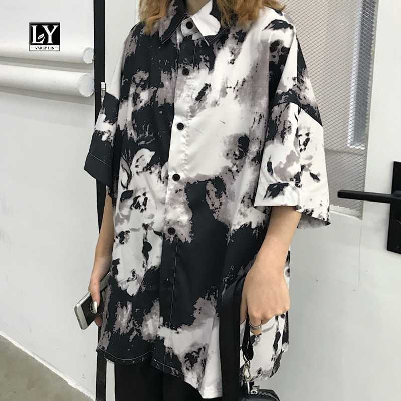 

LY VAREY LIN Autumn Vintage Print Short Sleeve Loose Stand Shirt Street Style Korean Version 210526, Beige