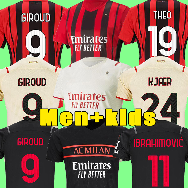 

Thailand 21 22 AC Soccer jerseys milan Top IBRAHIMOVIC GIROUD 2021 2022 TONALI Mandzukic KJÆR Kessie theo brahim Men kid sets football Kit shirt uniforms, 21/22 home+patch2