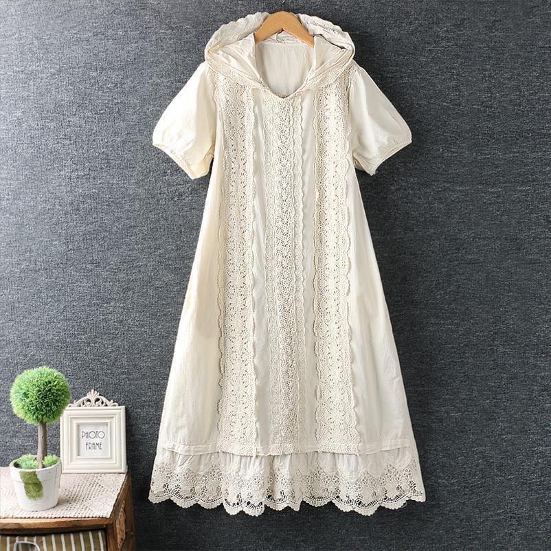 

summer japanese hipster hooded hollow womens dresses hook lace short sleeve cotton 5124, Black;gray