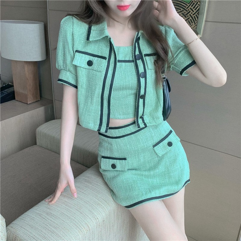 

Summer Women 2 Piece Set Lady Elegant Tweed Lapel Puff Sleeve Crop Top + Sexy Vest + Mini Skirt Fashion Suit 210518, Photo color