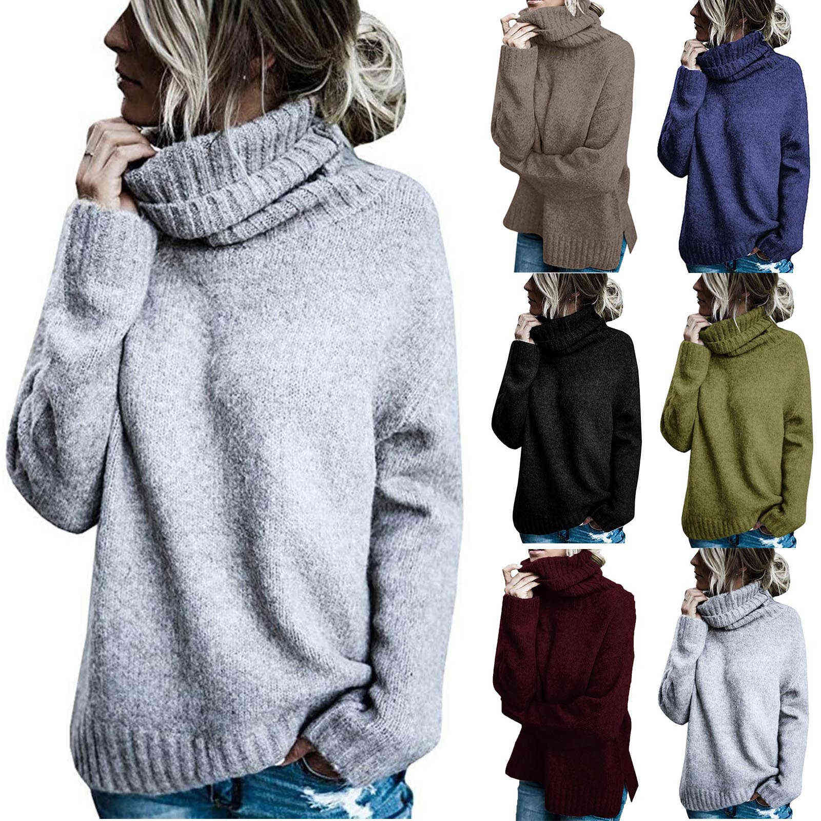 

Womens Pullover Fashion Solid Long Sleeve Sweater Casual Loose Turtleneck Knitting Sweater Warm Ladies Pure Color Sweater Tops Y1110, Gray