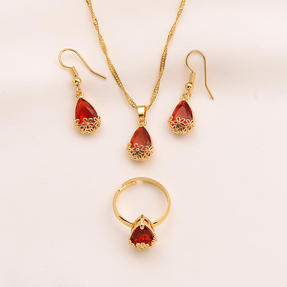 Water Drop Red Crystal Jewellery Set Pendant Necklace Earrings Ring 24k Fine Solid Gold GF cz big Rectangle Gem with Channel-image-735220195