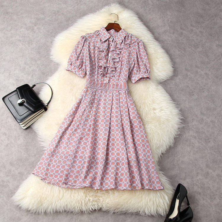 

European and American women' clothing new summer 2021 Short sleeve lapel Flounce print Fashion pleated dress, Purple