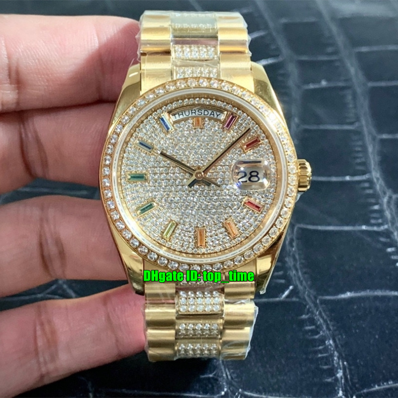

Luxury Watches TW 36mm Day-Date Diamond Rainbow ETA2836 Automatic Mens Womens Watch 128348 Pavé Diamonds Dial 18K Gold Bracelet Ladies Gents Wristwatches, Vip