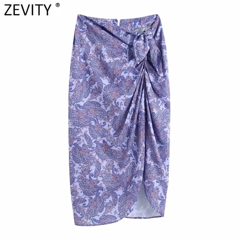

Zevity Women Vintage Cashew Nuts Print Hem Irregular Sarong Skirt Faldas Mujer Female Bowknot Back Zipper Casual QUN800 210702, As pic qun800bb