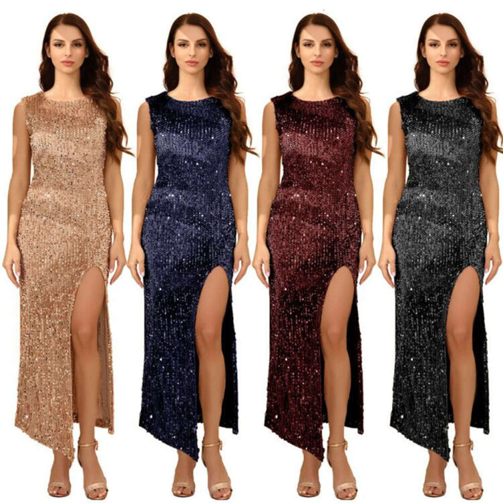 

Casual Dresses Women' sexy temperament solid sequins drs slit skirt, Wine