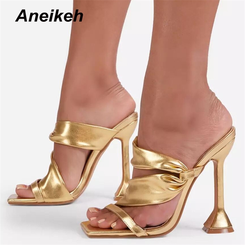 

Aneikeh Women's Shoes Summer Fashion Pleated Sweet Narrow Band PU Solid Stiletto Heels Slippers Retro Zapatos De Mujer 210628, Black
