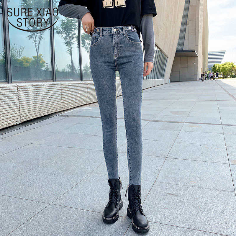 

Skinny Jeans Woman Denim Trousers High Waist Jeans Autumn All-match Streetwear Clothes with Vintage Gray Blue Gray 10732 210527