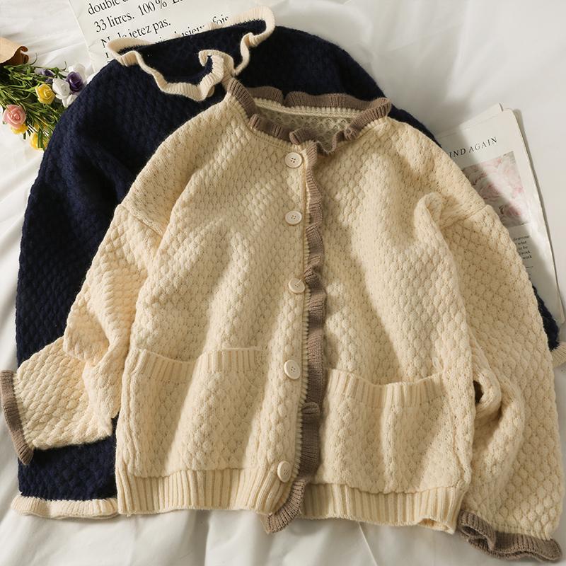 

Women's Knits & Tees Vintage Color Matching Edge Single Breasted Cardigan Sweater Loose Long Sleeve All Match Sweet Knit Tops, White