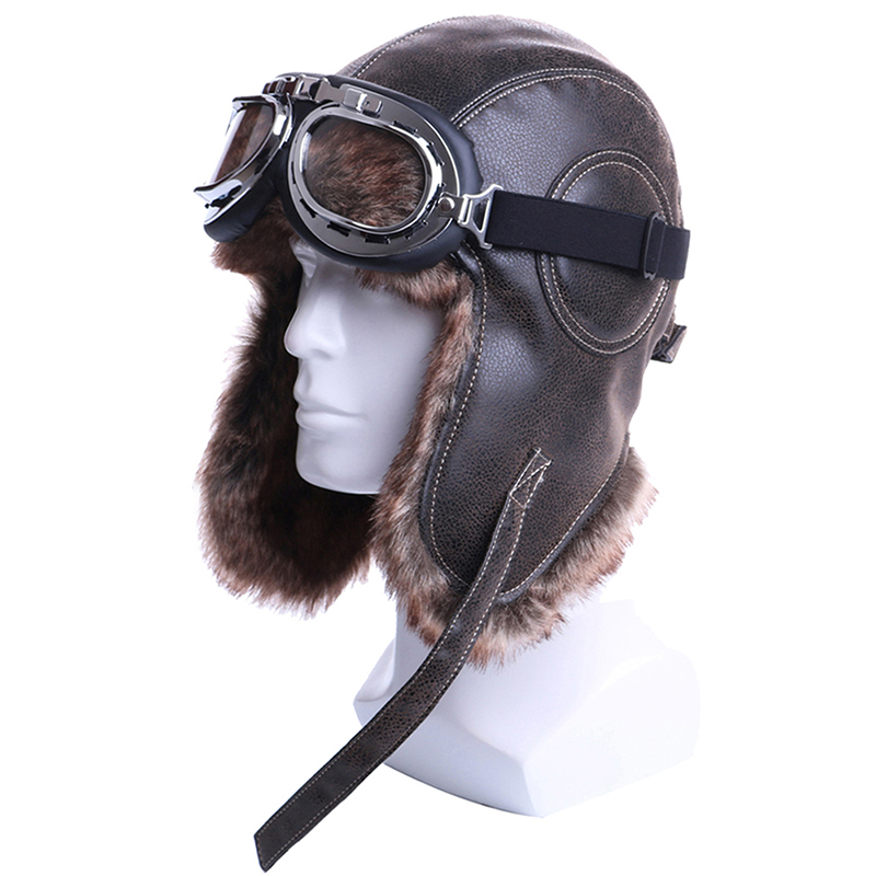 

Winter Bomber Hats Plush Earflap Russian Ushanka with Goggles Men Womens Trapper Aviator Pilot Hat Faux Leather Fur Snow Caps, Black