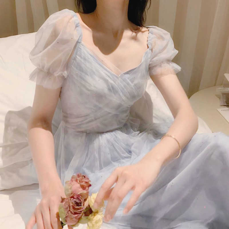 

Summer Vintage Dress Women French Style Lace Chiffon Fairy Dress Casual Puff Sleeve Summer Autumn Clothes Designer Dress 2020 Y0603, Light blue