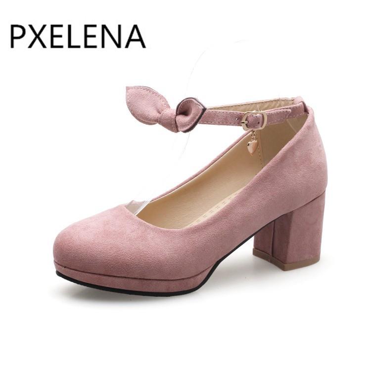 

Butterfly-knot Block Med Heels Shoes Women Round Toe Ankle Strap Shallow Pumps Flock Casual Comfort 2021 34-43 Dress, Black