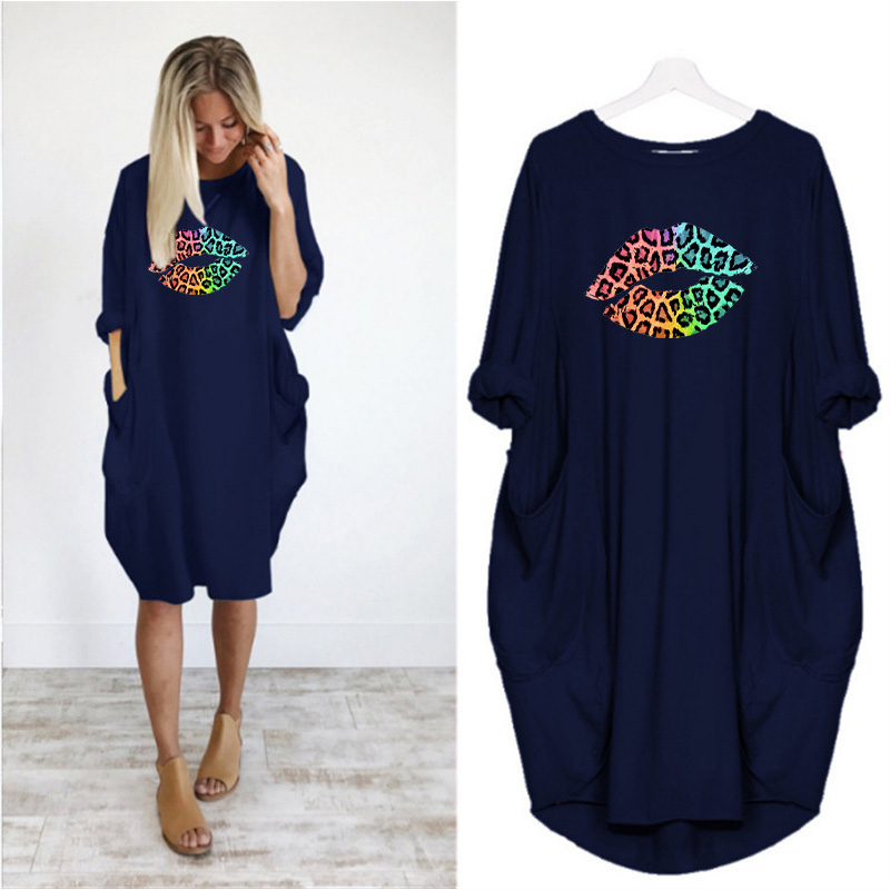 

PROPCM Plus Size Summer Fashion Women Midi Dress Red Lips Print Long Sleeve Pocket Black Loose Vintage Sexy Party Casual Vestidos Femme Club, D002-black