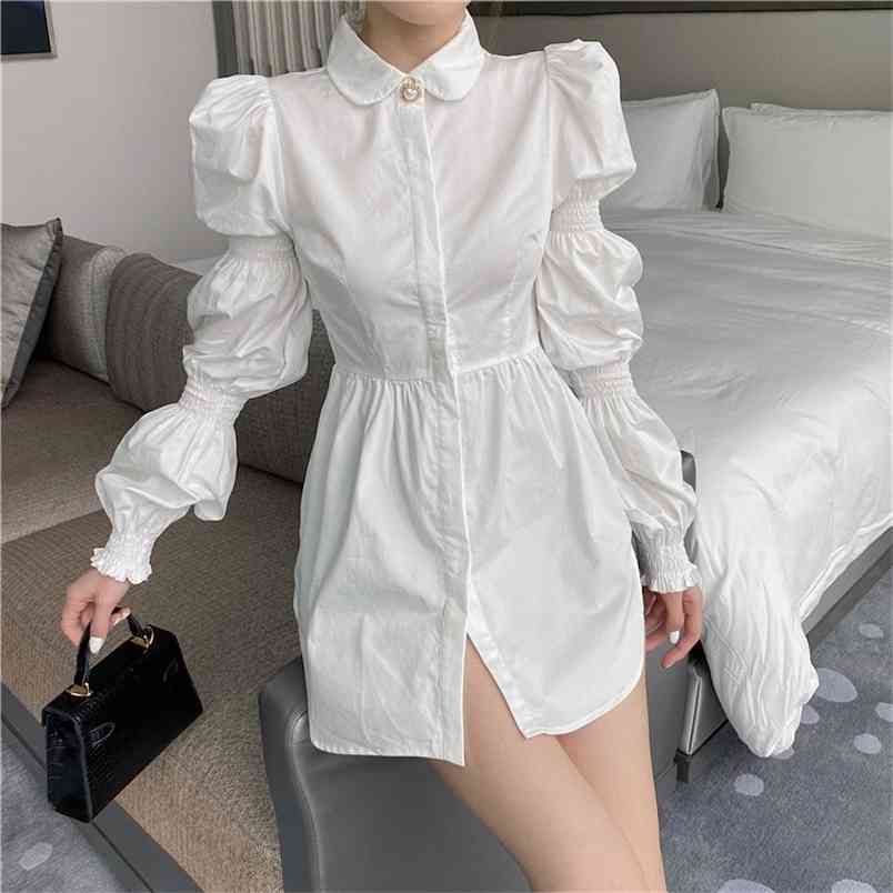 

Women OL Shirt Spring White Peter Pan Collar Puff Long Sleeve Single Breasted Elegant Slim Blouse L-4XL 210519, Black