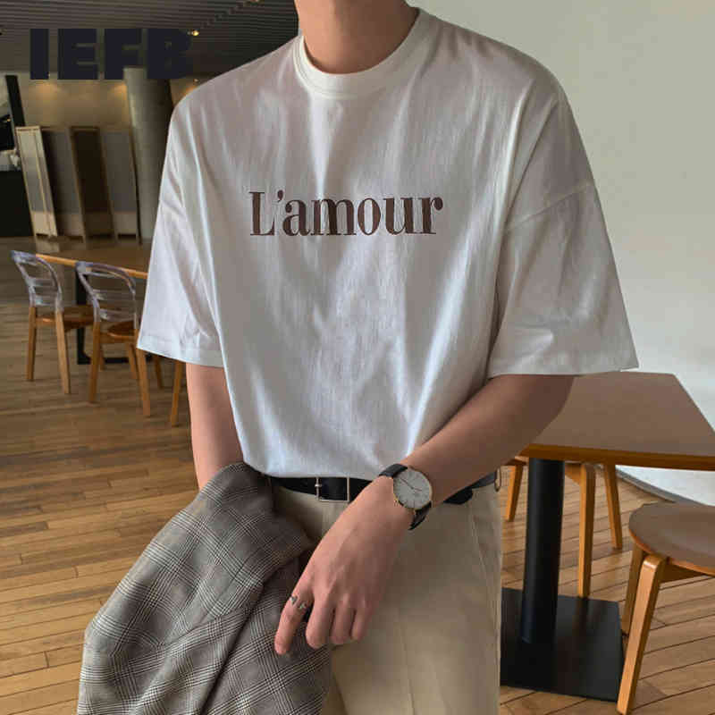 

IEFB Men's Summer Letter Print Short Sleeve T-shirt Korean Round Neck Loose Casual Base Slim Tee Tops Man 9Y5843 210524, White