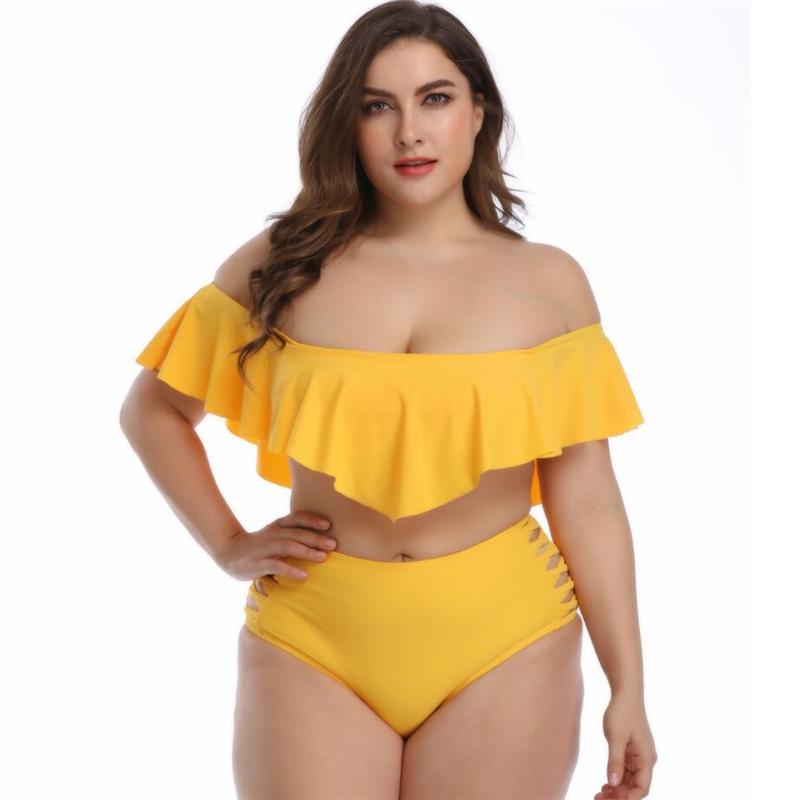 

Women's Swimwear 2021 Fat Womens Two Piece Tankini Plus Size Sexy Off Shoulder Swimsuit Flounce Bandeau Bikini Set Ladies Bathing Suit