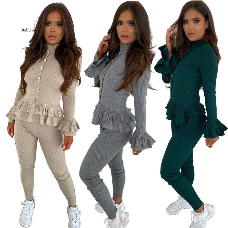 

women's two piece pants women autumn outfits chic long sleeve ruffle buttons blouse skinny set outfit suit sweatpants, White