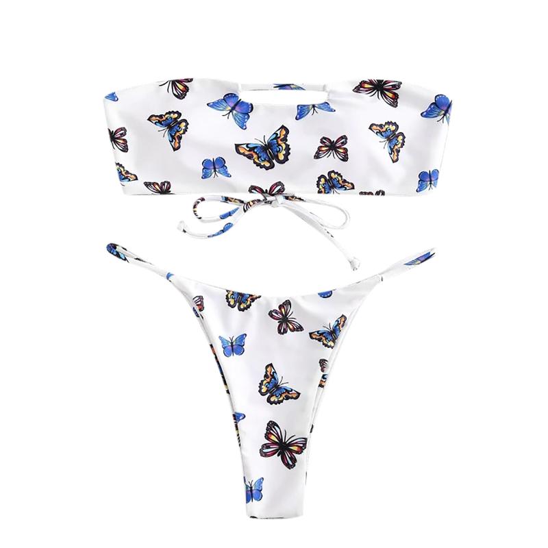 

Women's Swimwear Womail Ladies Sexy Two Piece Butterfly Printed Multicolor Tube Top Mid-waist Split Bikini Swimsuit With Pad 2021, White;black