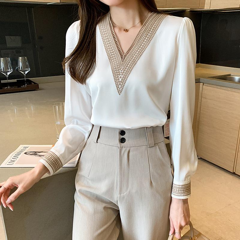 

Women' Blouses & Shirts Women Stylish Satin Bright Soft Chiffon Blouse 2021 Chic Fashion Long Sleeve V-Neck White Casual Tops