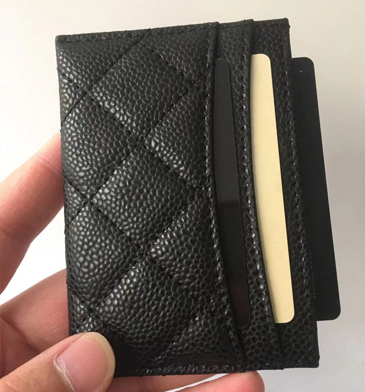 

Classic caviar pattern designg Card Holders Genuine Leather Mini Wallets Men/Women Portable Bank Credit Card Case, Black shiny side
